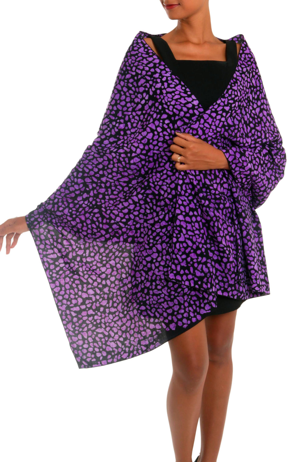 Balinese Hand Stamped Purple and Black Rayon Batik Shawl - Purple Beach Pebbles
