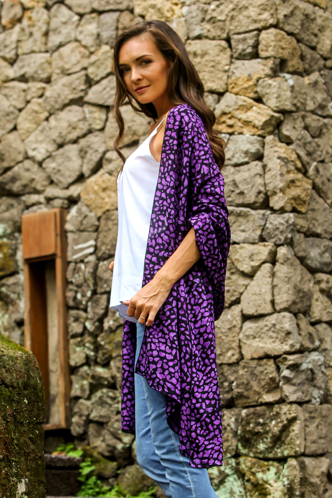 Balinese Hand Stamped Purple and Black Rayon Batik Shawl - Purple Beach Pebbles