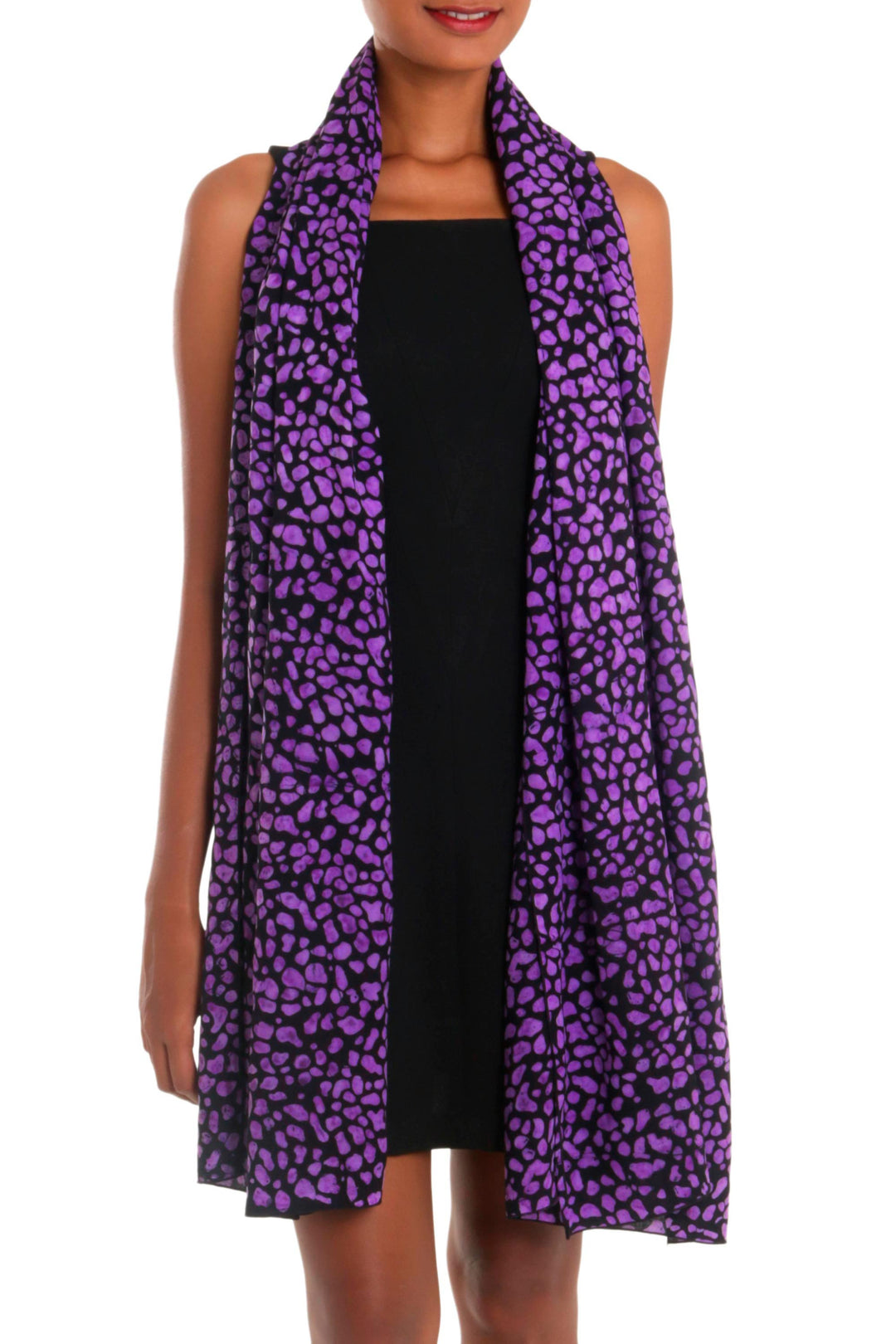 Balinese Hand Stamped Purple and Black Rayon Batik Shawl - Purple Beach Pebbles