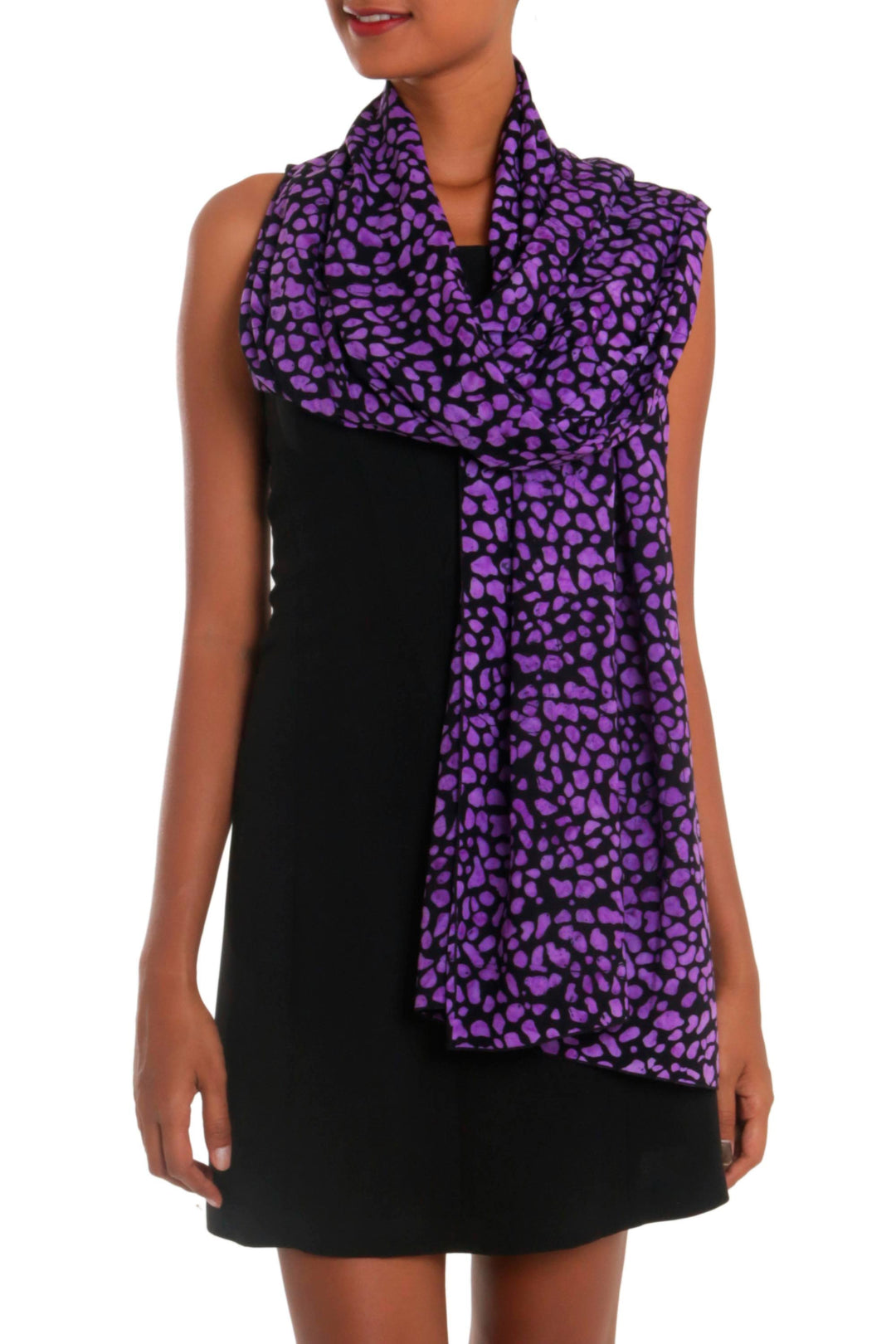 Balinese Hand Stamped Purple and Black Rayon Batik Shawl - Purple Beach Pebbles