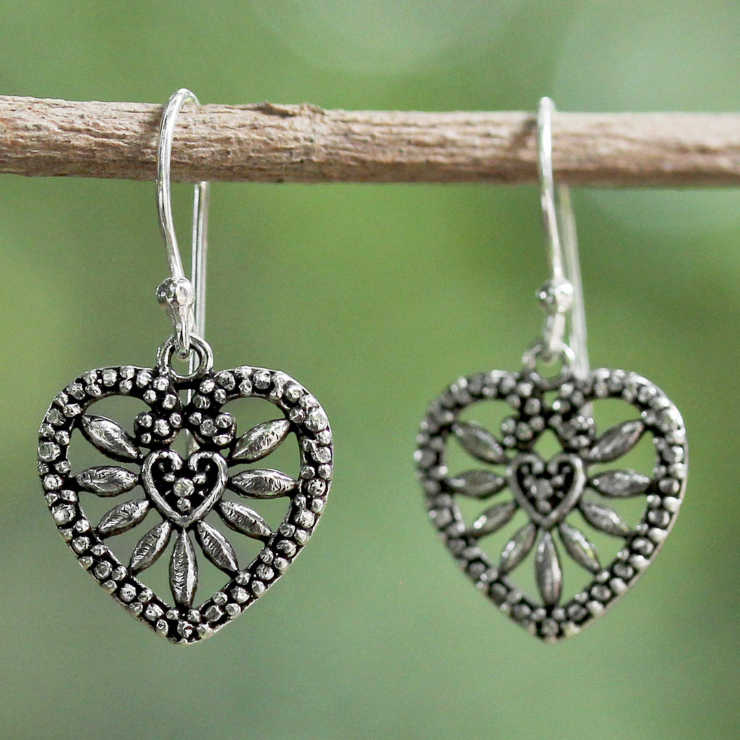 Heart Shaped Sterling Silver Dangle Earrings from Thailand - Heart Blooms
