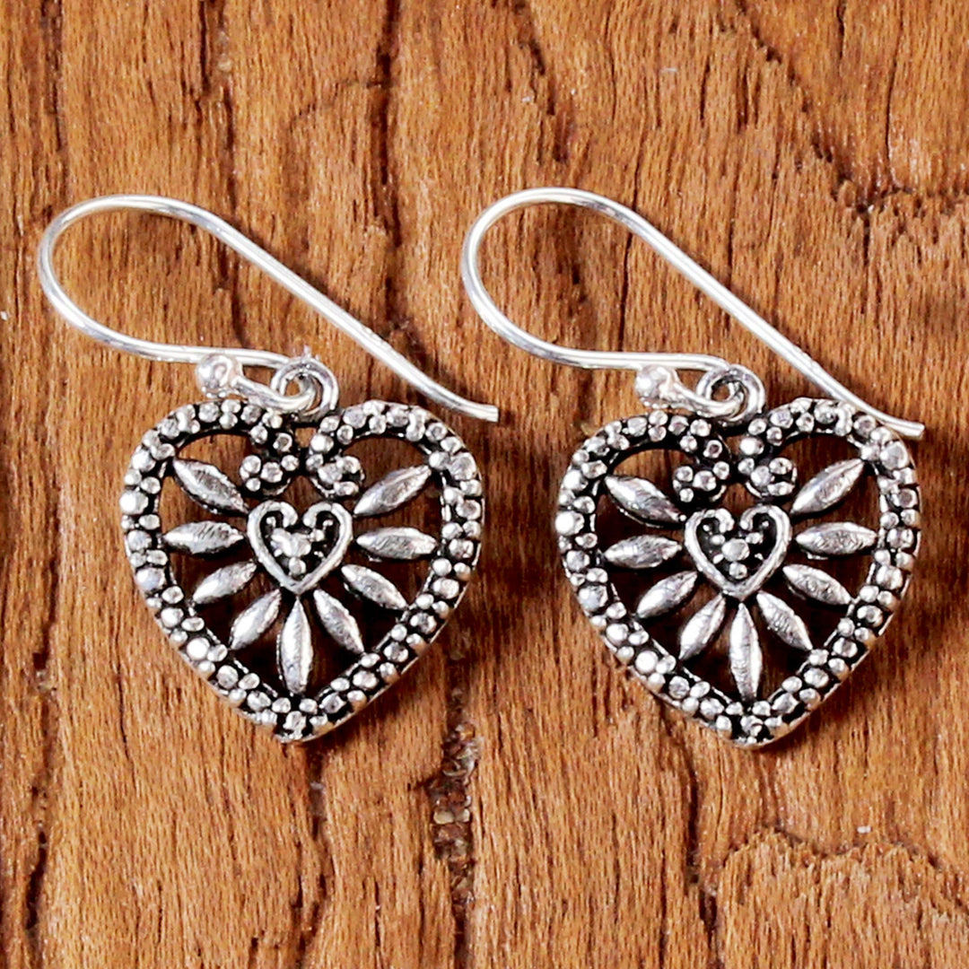 Heart Shaped Sterling Silver Dangle Earrings from Thailand - Heart Blooms