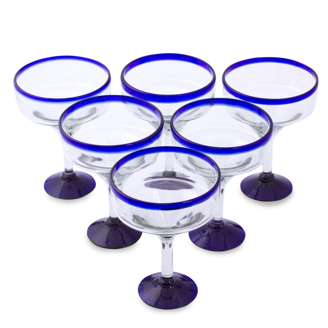 Eco Friendly Set of Six Hand Blown Margarita Glasses - Cobalt Contrasts
