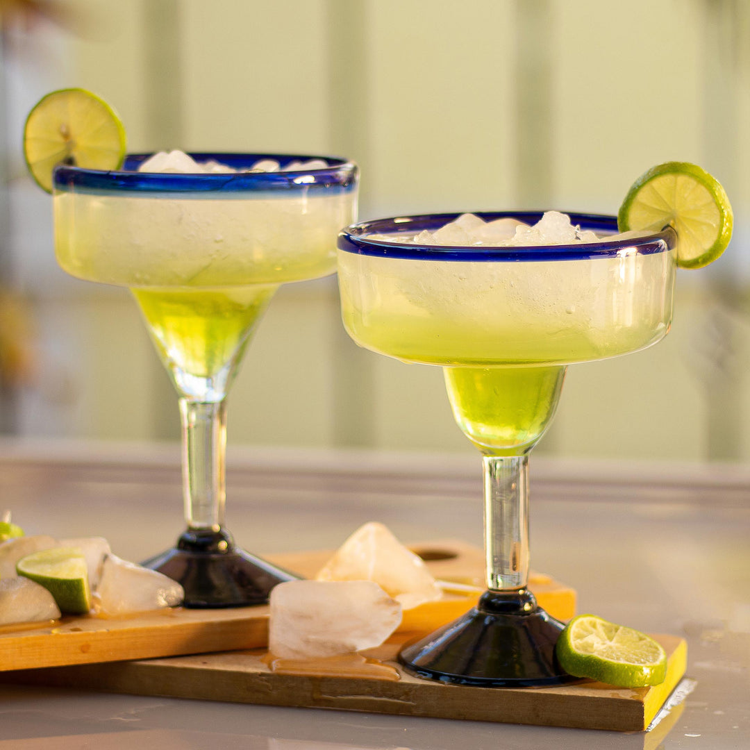 Eco Friendly Set of Six Hand Blown Margarita Glasses - Cobalt Contrasts