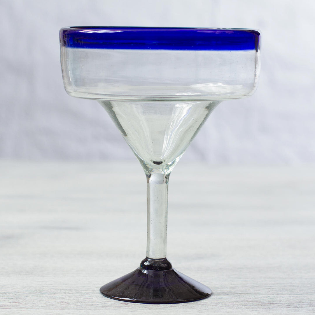 Eco Friendly Set of Six Hand Blown Margarita Glasses - Cobalt Contrasts