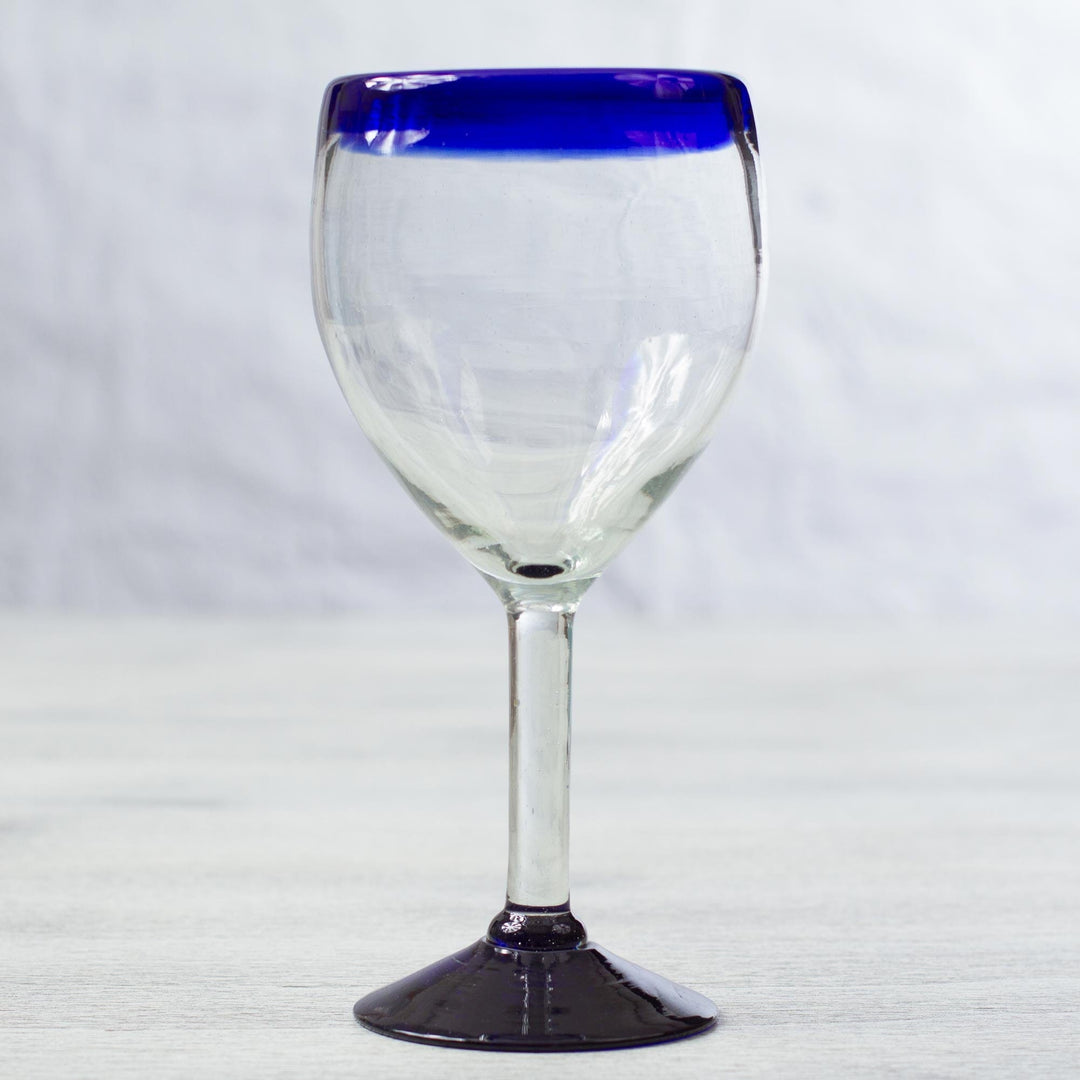 Set of Six Eco Friendly Hand Blown Wine Goblets - Cobalt Contrasts