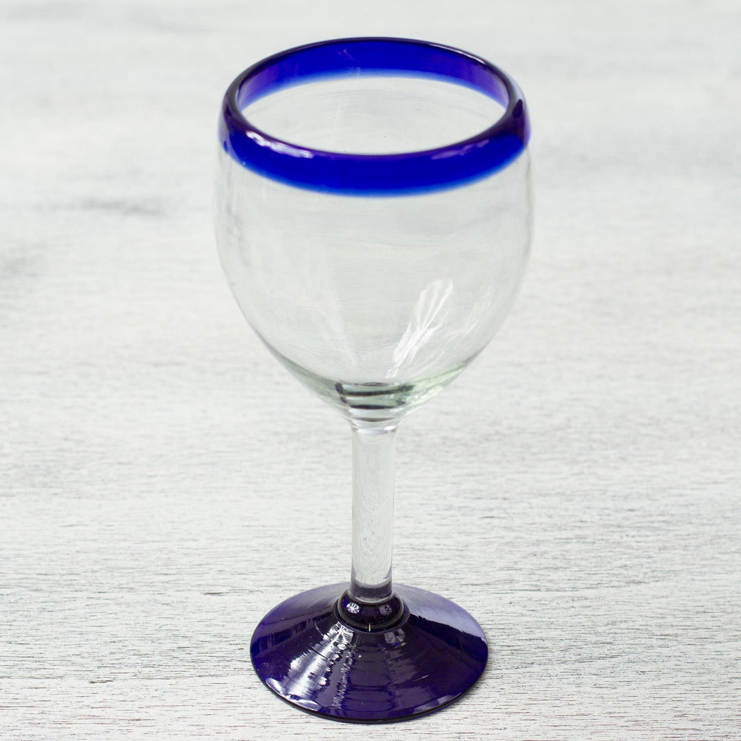 Set of Six Eco Friendly Hand Blown Wine Goblets - Cobalt Contrasts