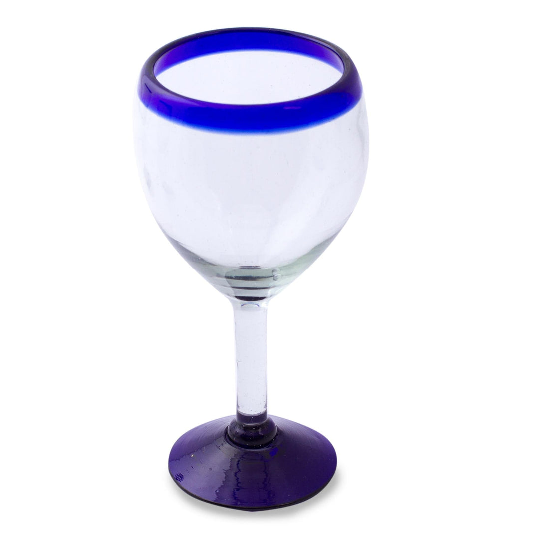 Set of Six Eco Friendly Hand Blown Wine Goblets - Cobalt Contrasts