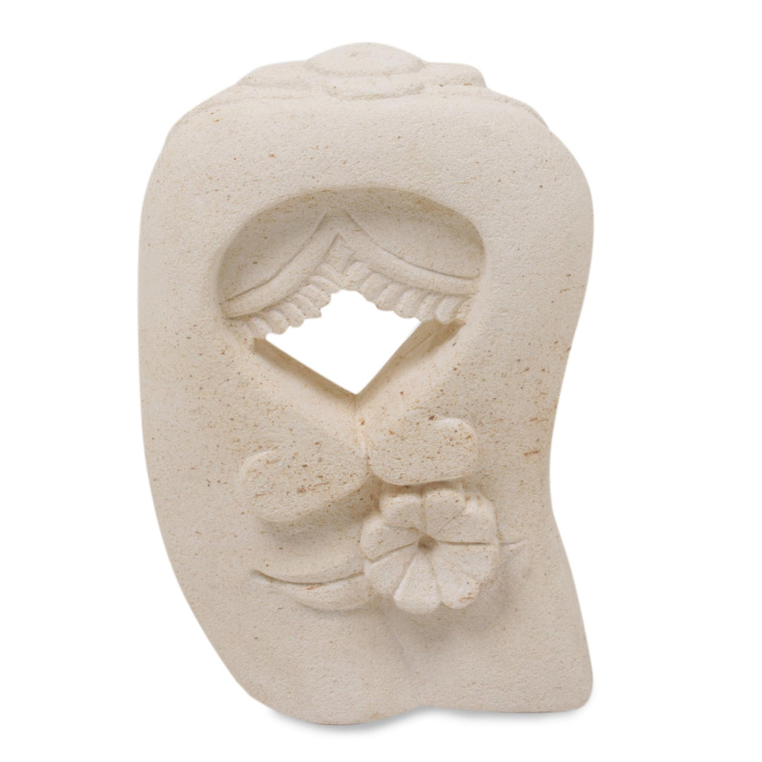 Sandstone Sculpture of a Couple Kissing from Indonesia - Flower Kisses