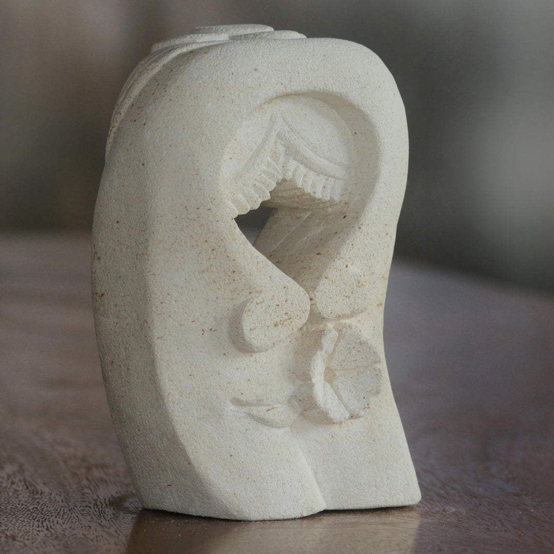 Sandstone Sculpture of a Couple Kissing from Indonesia - Flower Kisses