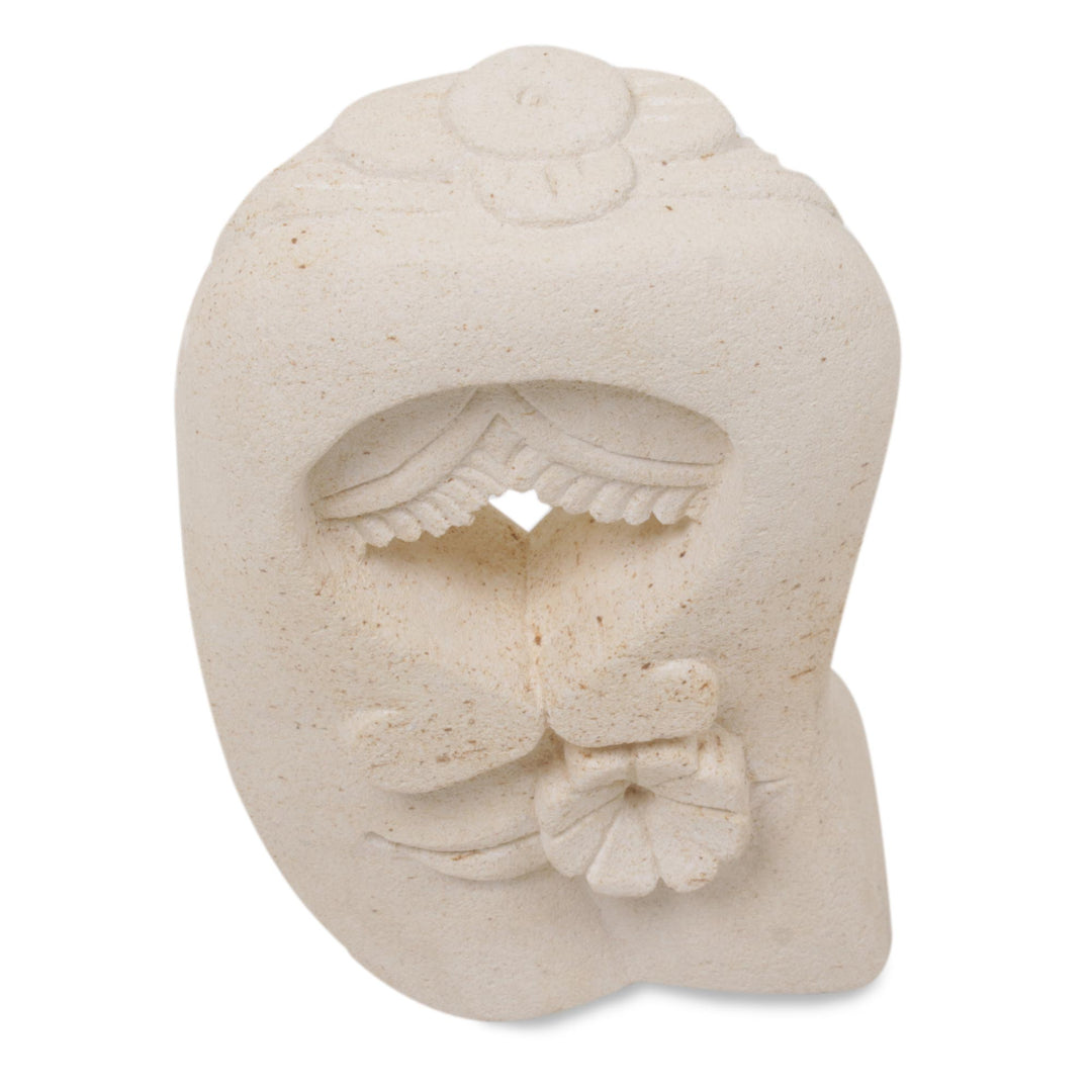 Sandstone Sculpture of a Couple Kissing from Indonesia - Flower Kisses
