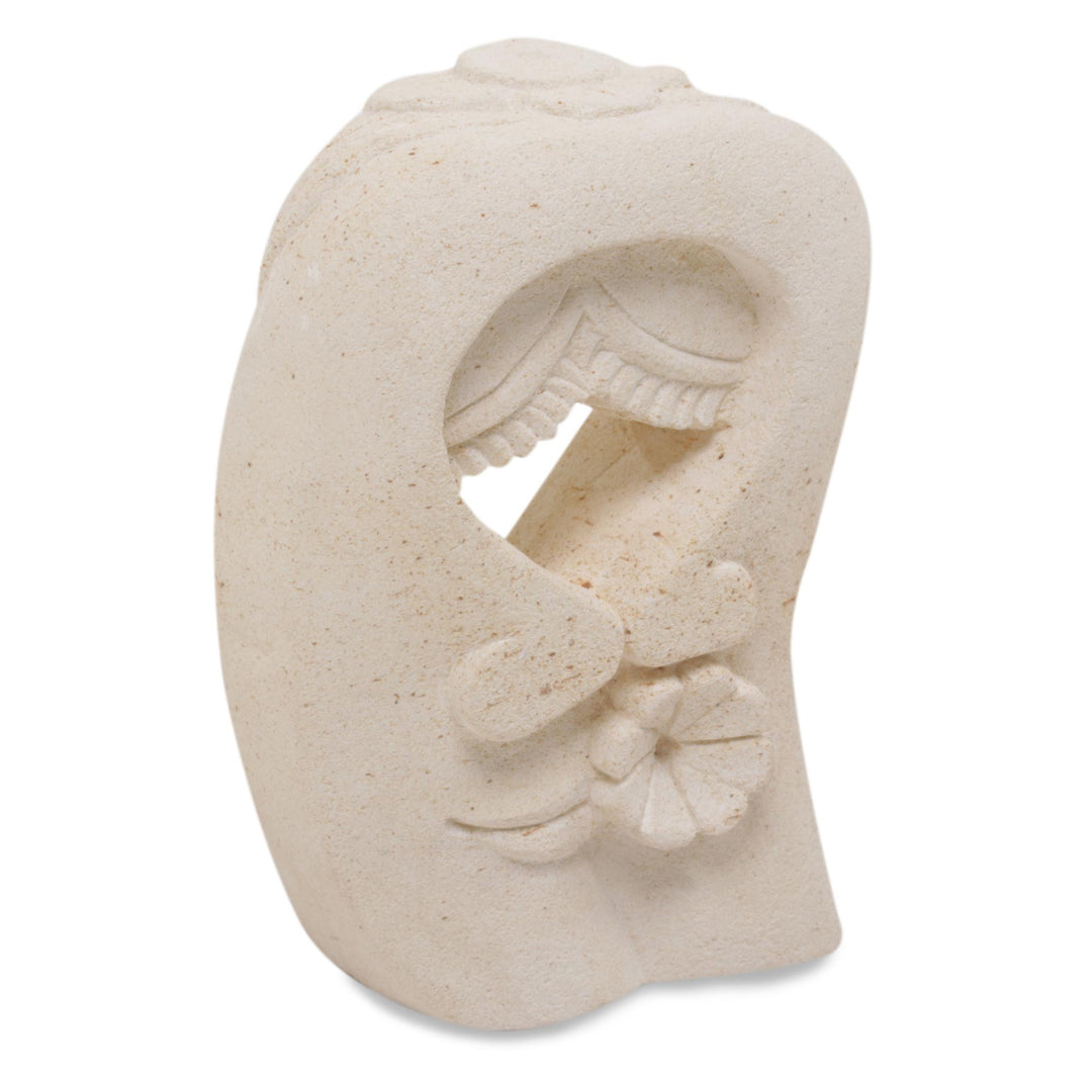 Sandstone Sculpture of a Couple Kissing from Indonesia - Flower Kisses