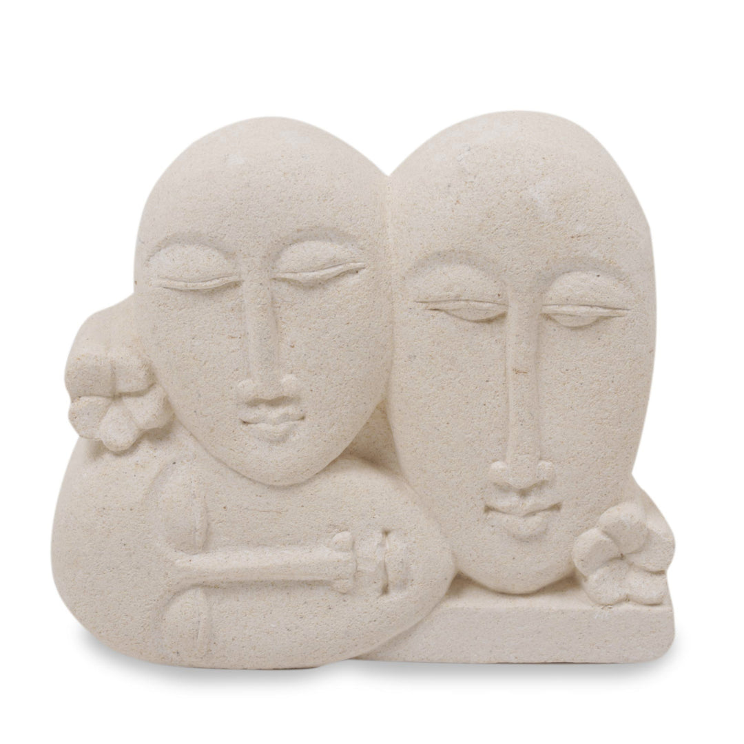 Hand Crafted Indonesian Sandstone Sculpture of Three Faces - Indonesian Family