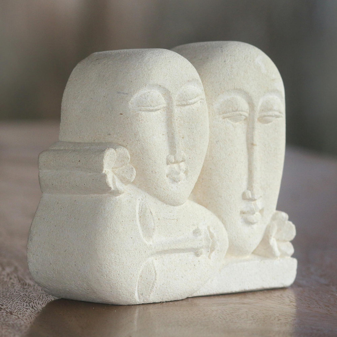 Hand Crafted Indonesian Sandstone Sculpture of Three Faces - Indonesian Family