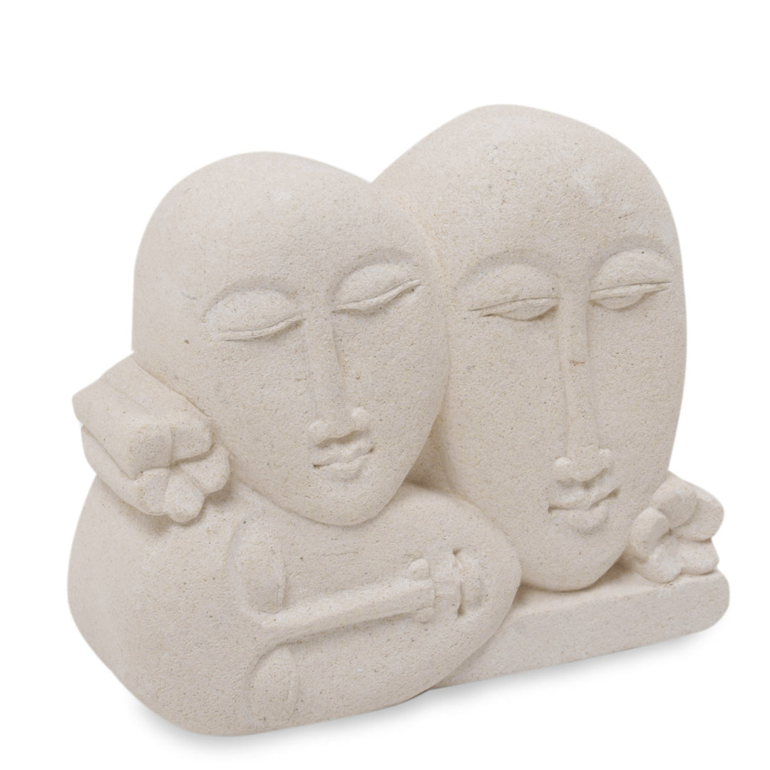 Hand Crafted Indonesian Sandstone Sculpture of Three Faces - Indonesian Family