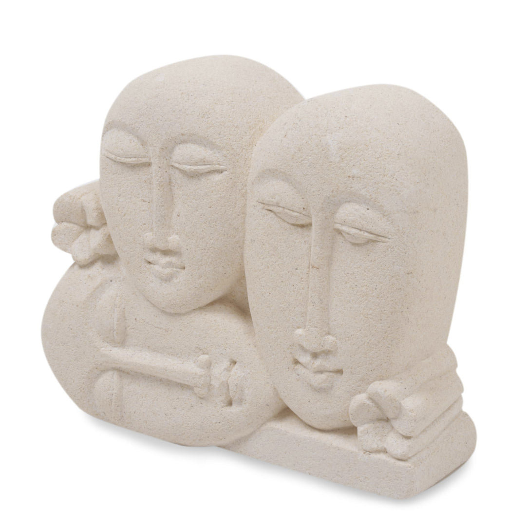 Hand Crafted Indonesian Sandstone Sculpture of Three Faces - Indonesian Family