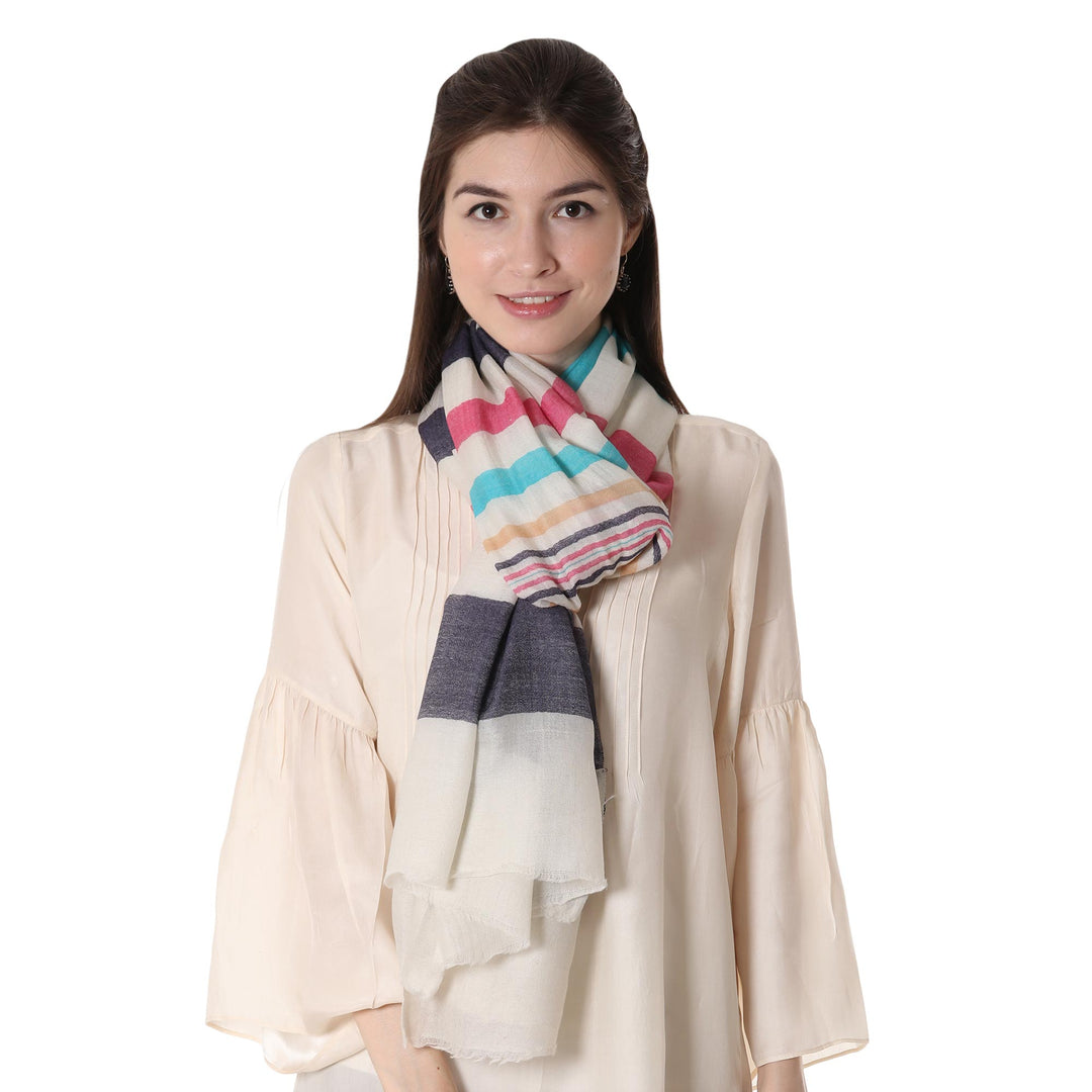 Woven Striped Wool Shawl in Multicolor by Indian Artisans - Pastel Stripes