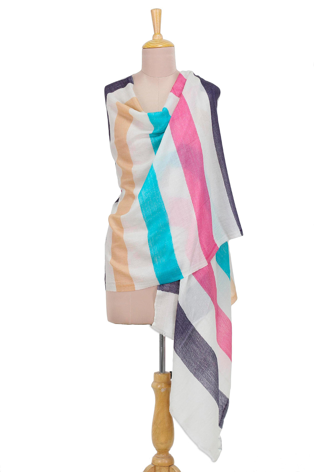 Woven Striped Wool Shawl in Multicolor by Indian Artisans - Pastel Stripes