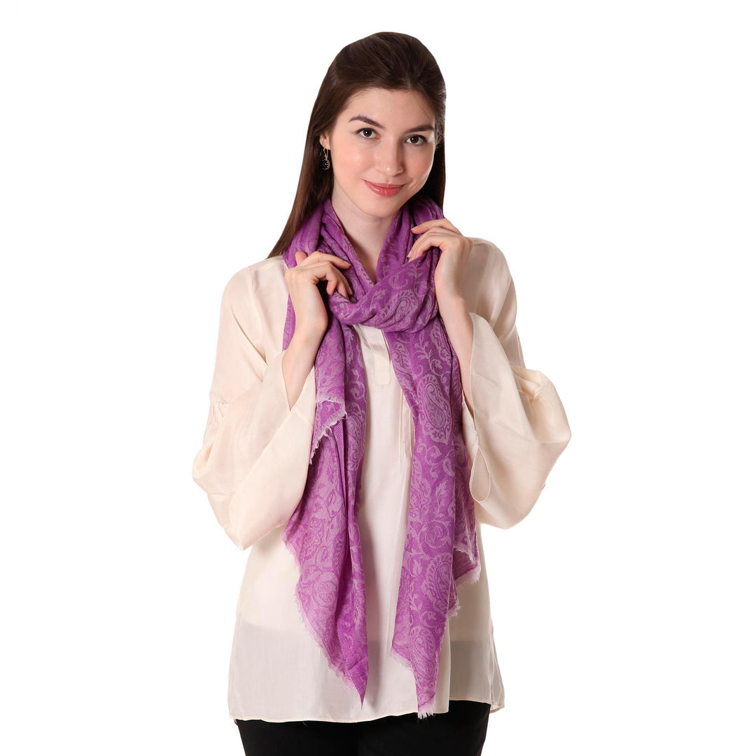 Woven Wool Shawl with Paisley Motifs in Wisteria from India - Wisteria Paisley