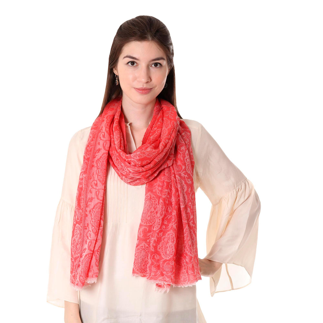 Woven Indian Wool Shawl with Paisley Motifs in Strawberry - Strawberry Paisley