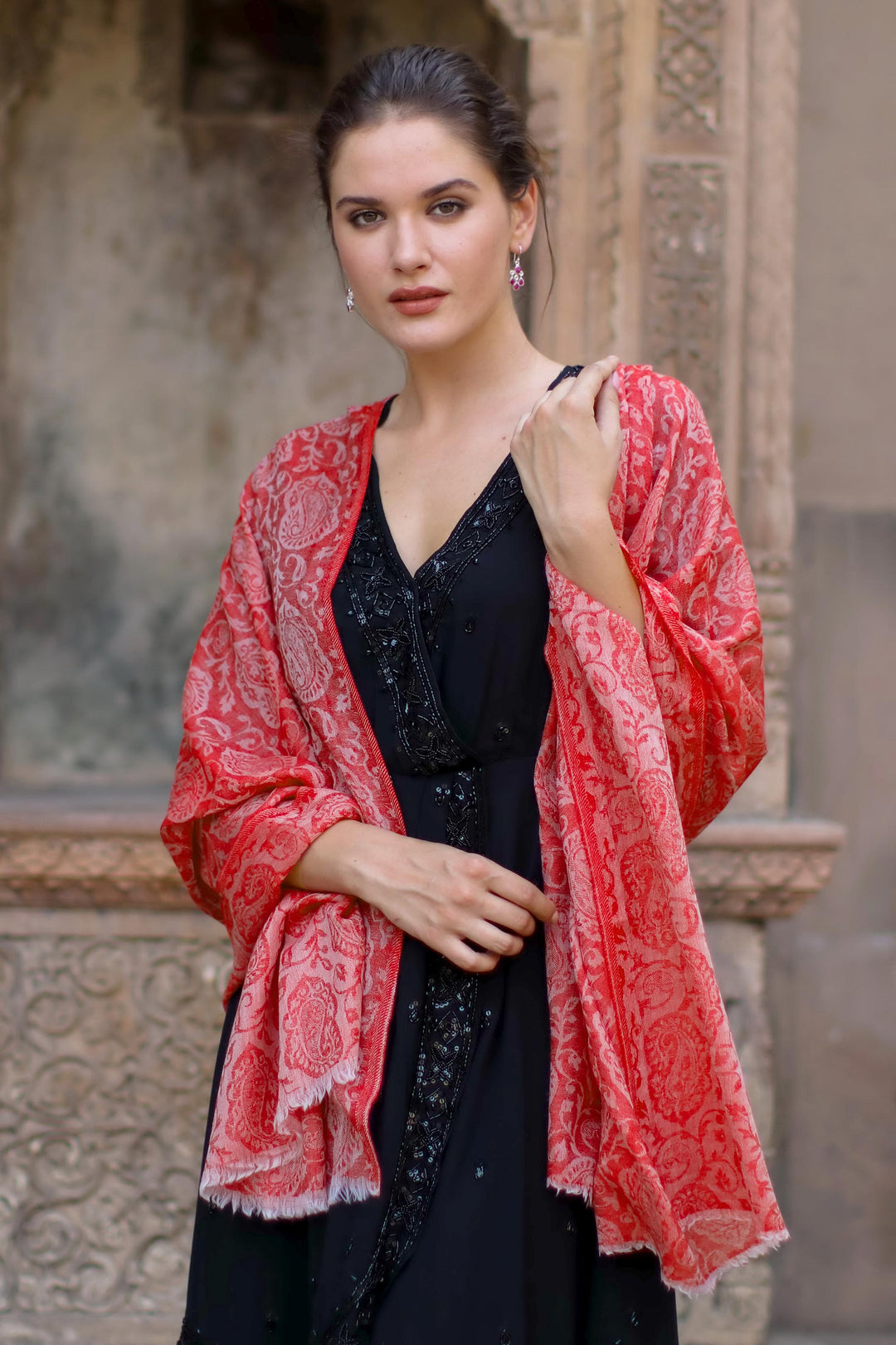 Woven Indian Wool Shawl with Paisley Motifs in Strawberry - Strawberry Paisley