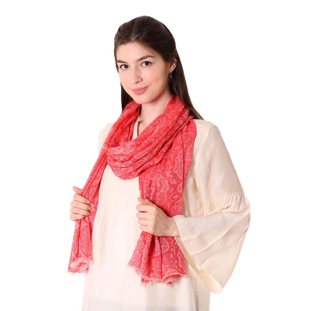 Woven Indian Wool Shawl with Paisley Motifs in Strawberry - Strawberry Paisley