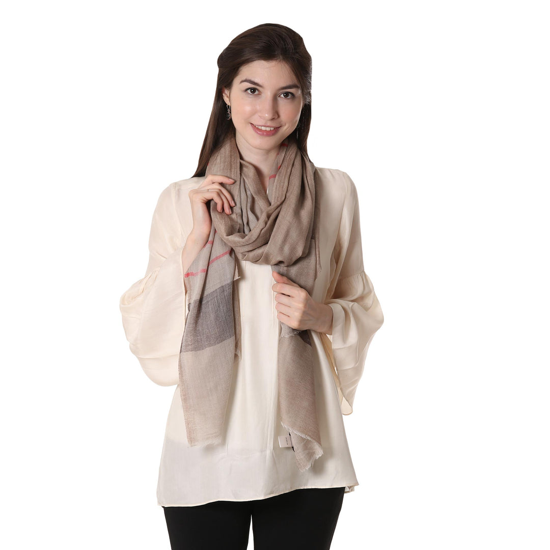 Striped Woven Wool Shawl in Tan and Coffee from India - Cream and Coffee