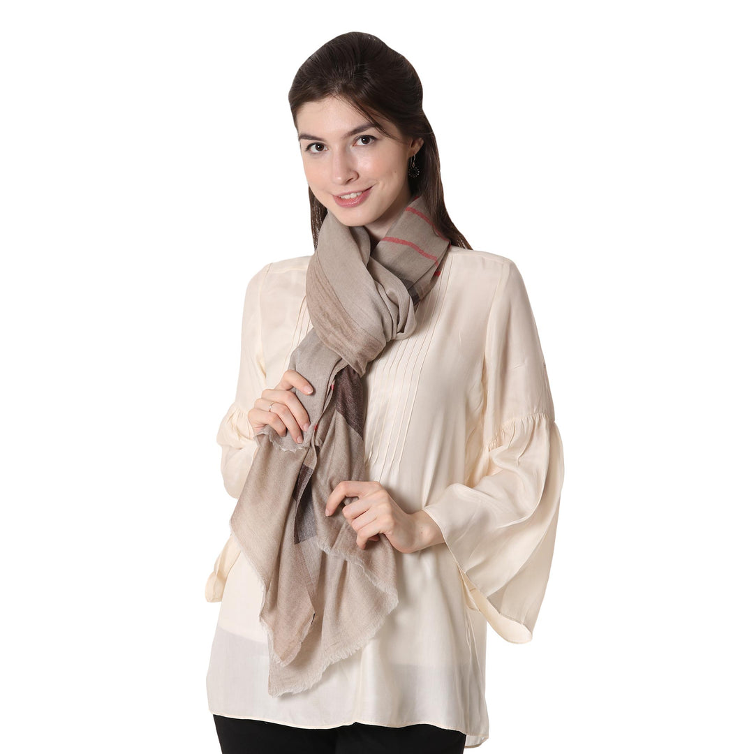 Striped Woven Wool Shawl in Tan and Coffee from India - Cream and Coffee