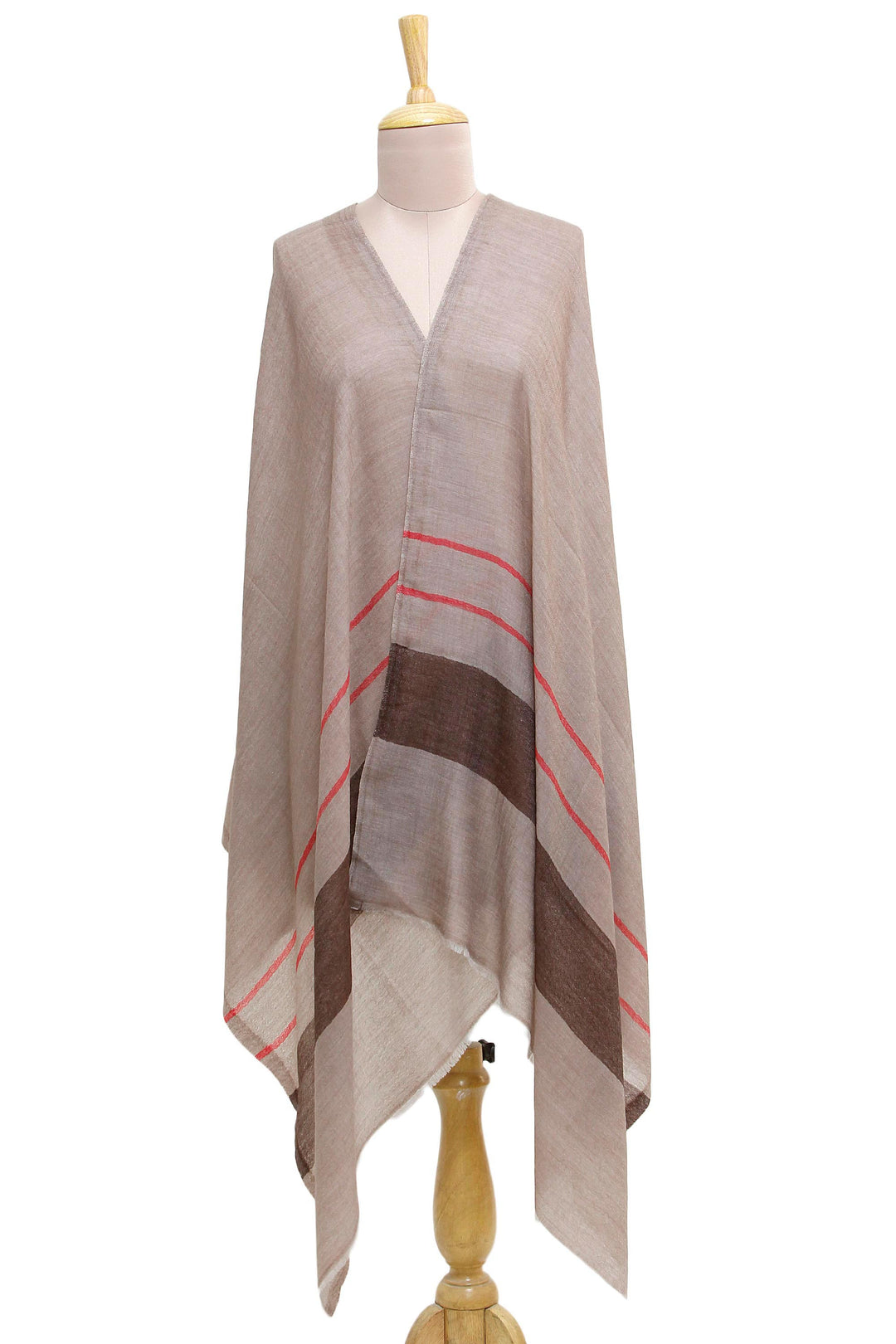 Striped Woven Wool Shawl in Tan and Coffee from India - Cream and Coffee
