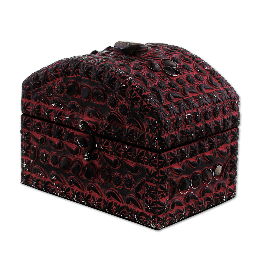 Indian Pink Wood Embossed Aluminum Stone Accents Jewelry Box - Pink Reverie