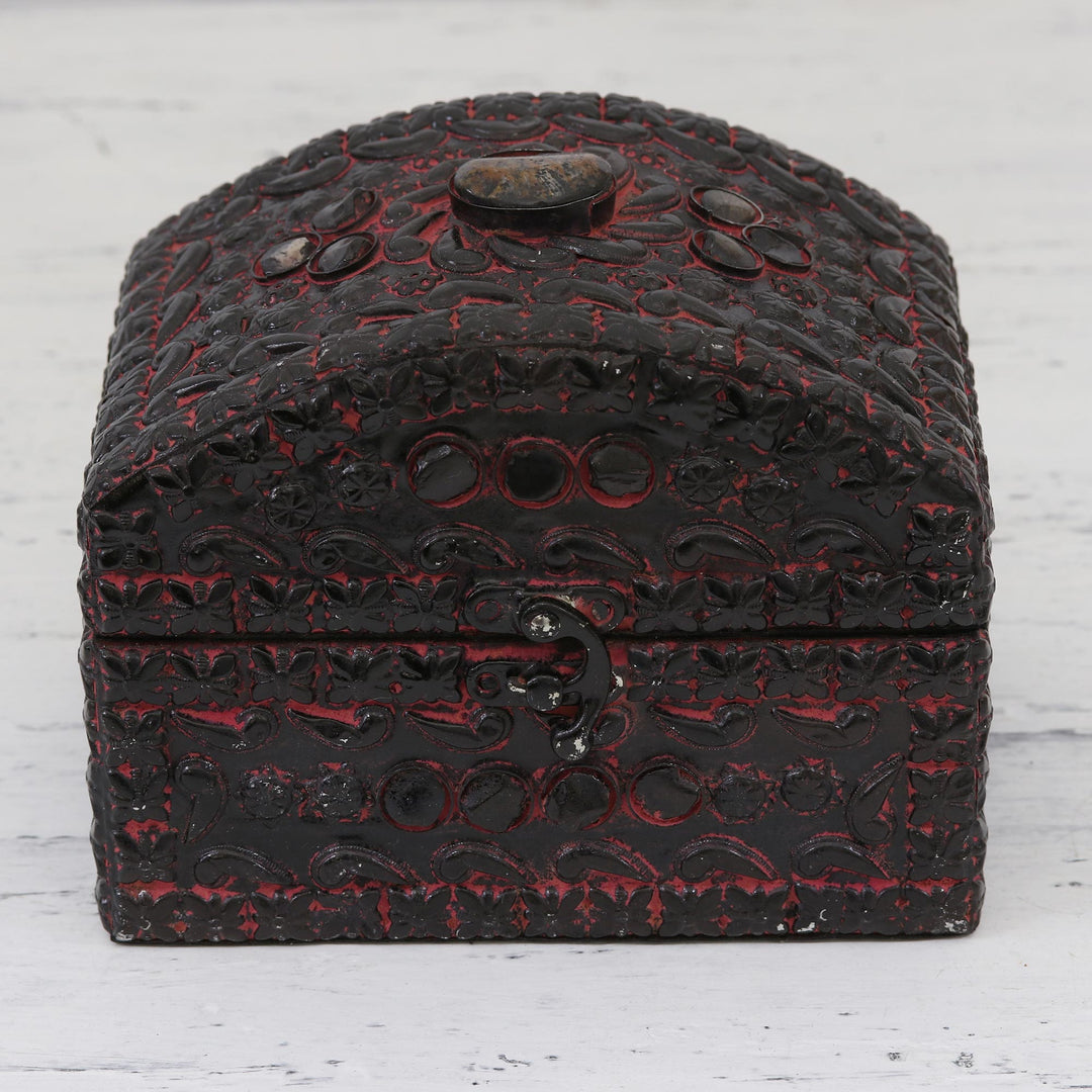 Indian Pink Wood Embossed Aluminum Stone Accents Jewelry Box - Pink Reverie
