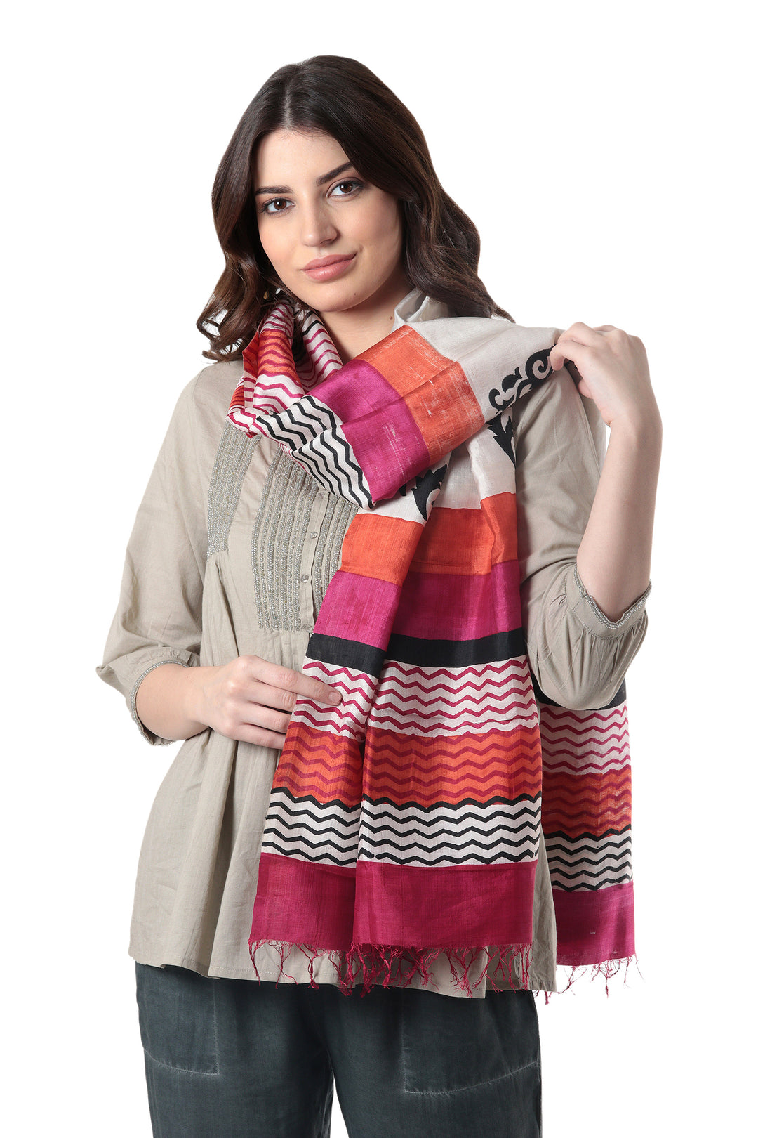 Hand Block Printed 100% Tussar Silk Shawl from India - Kolkata Joy