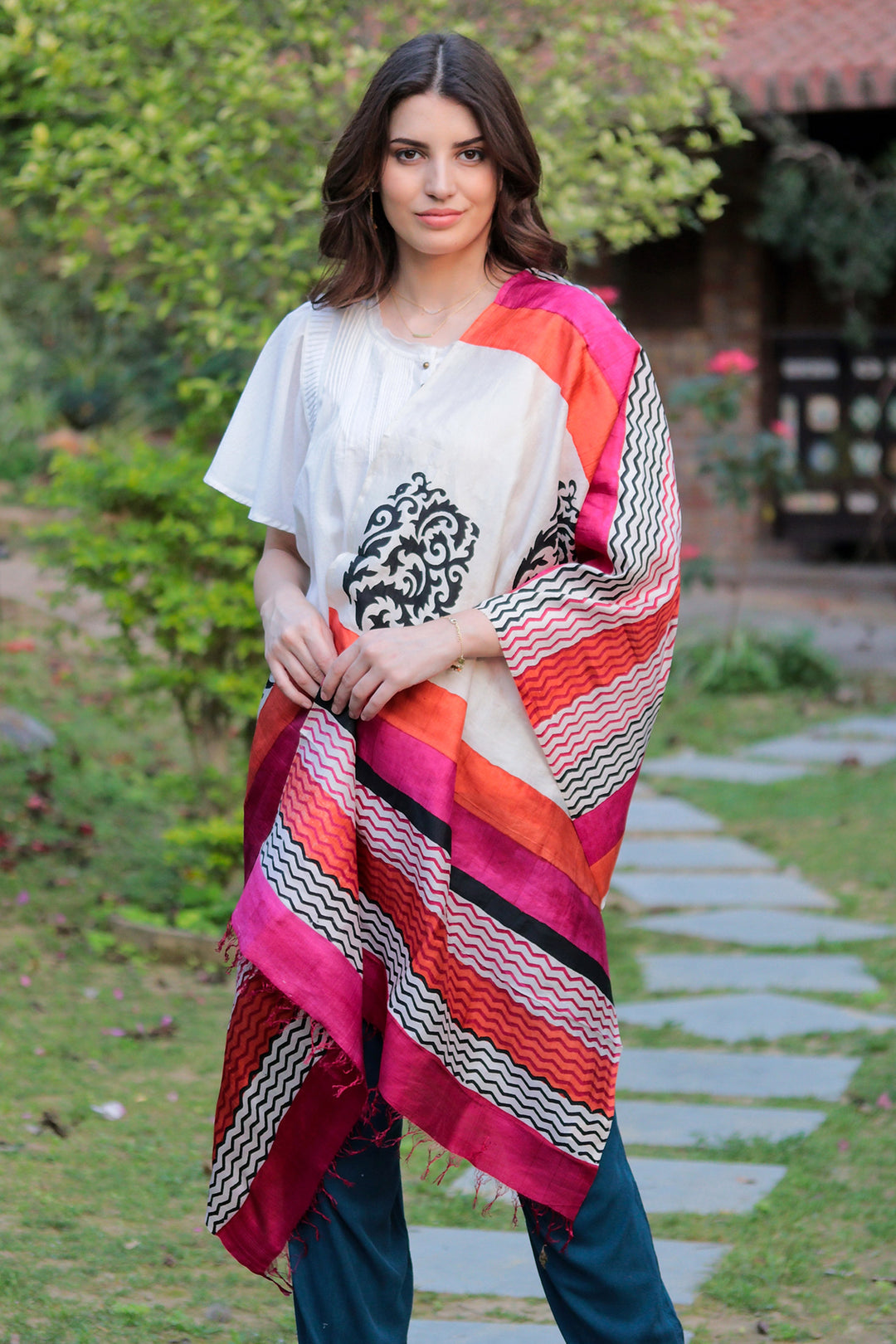 Hand Block Printed 100% Tussar Silk Shawl from India - Kolkata Joy
