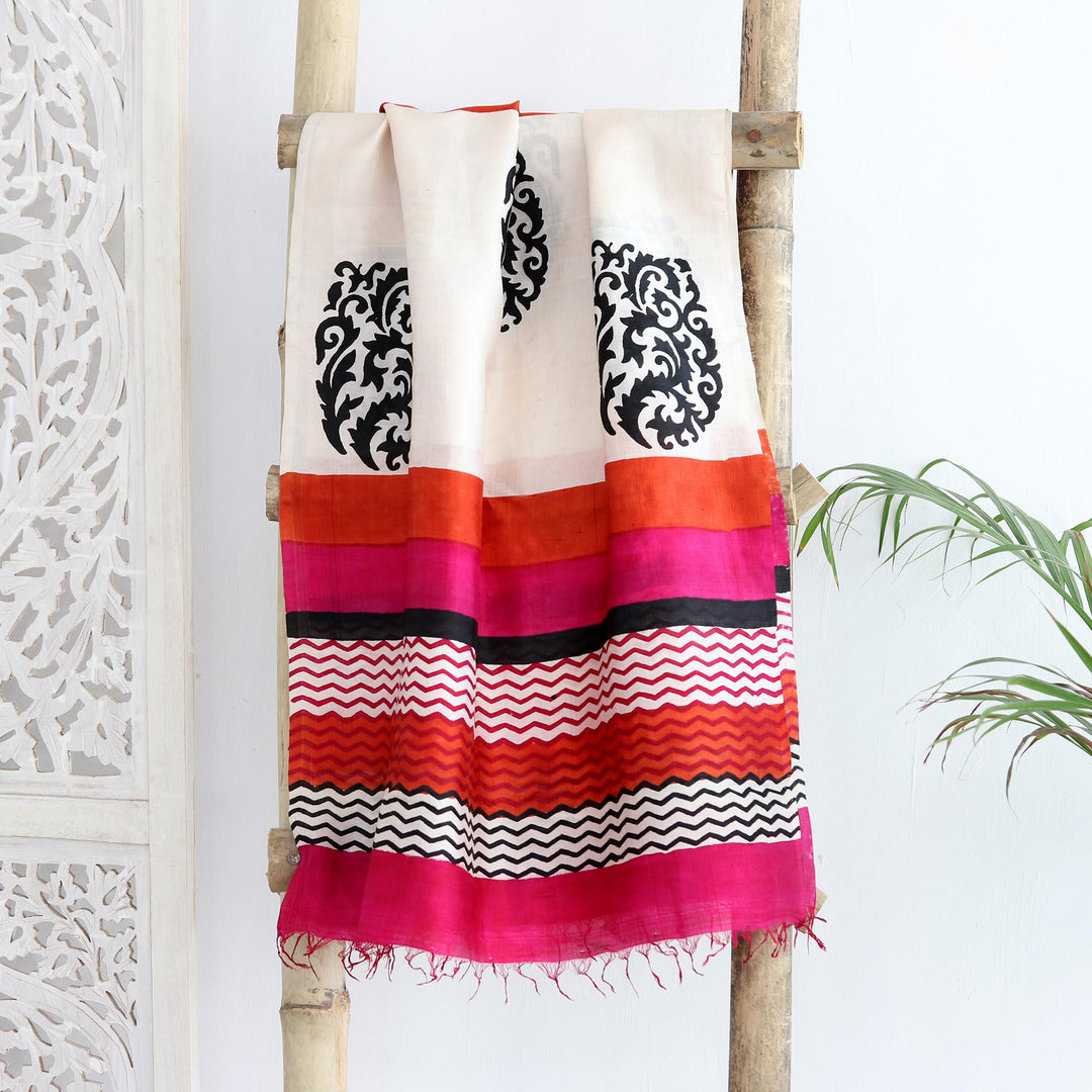 Hand Block Printed 100% Tussar Silk Shawl from India - Kolkata Joy