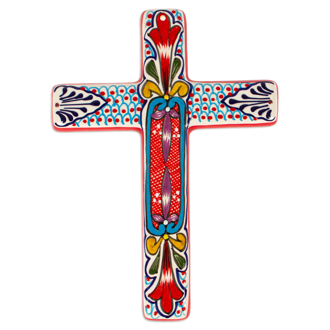 Ceramic Wall Cross with Multicolored Motifs from Mexico - Red Lily