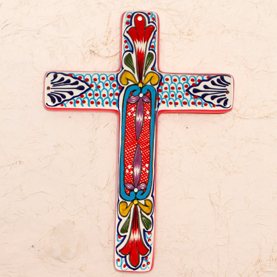 Ceramic Wall Cross with Multicolored Motifs from Mexico - Red Lily