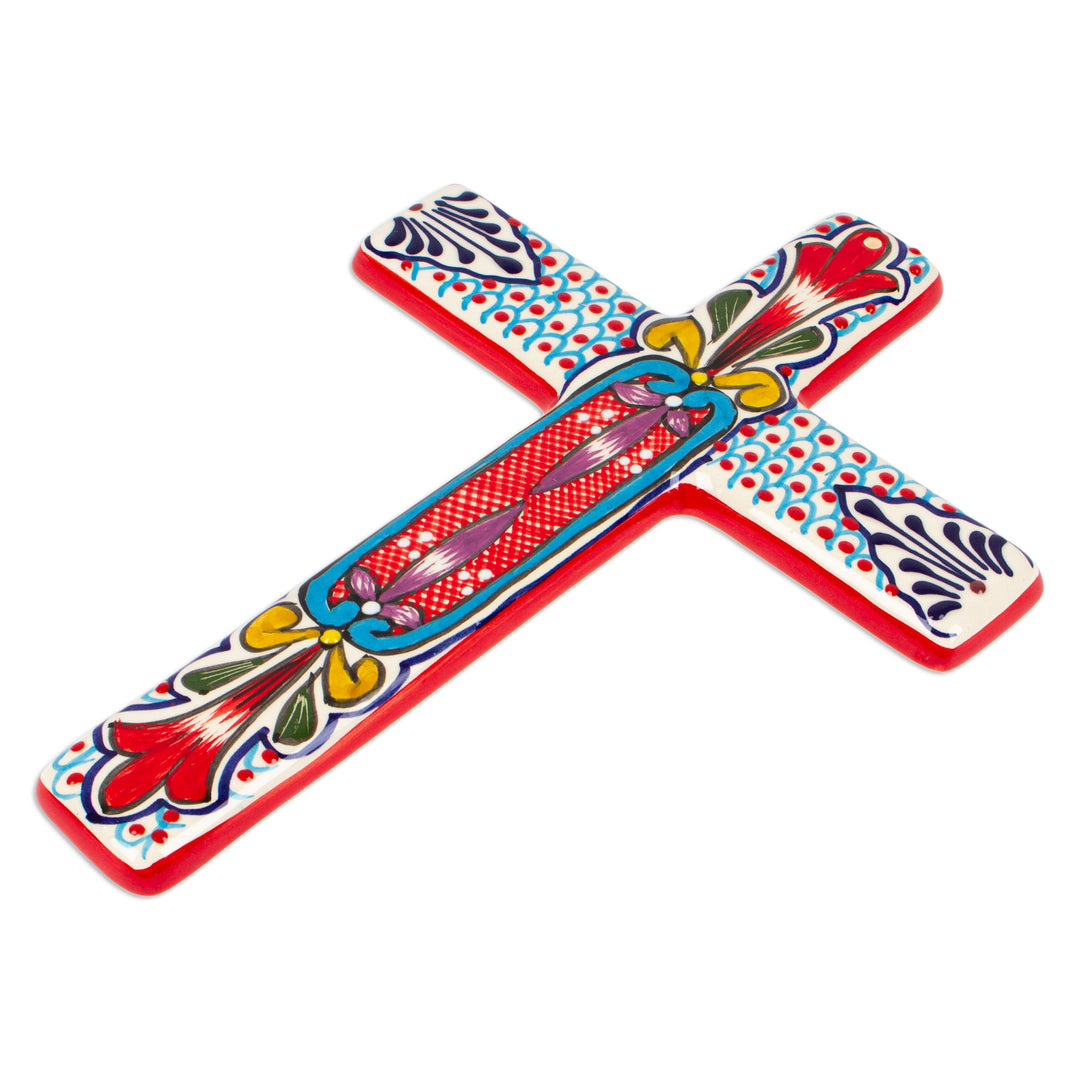 Ceramic Wall Cross with Multicolored Motifs from Mexico - Red Lily