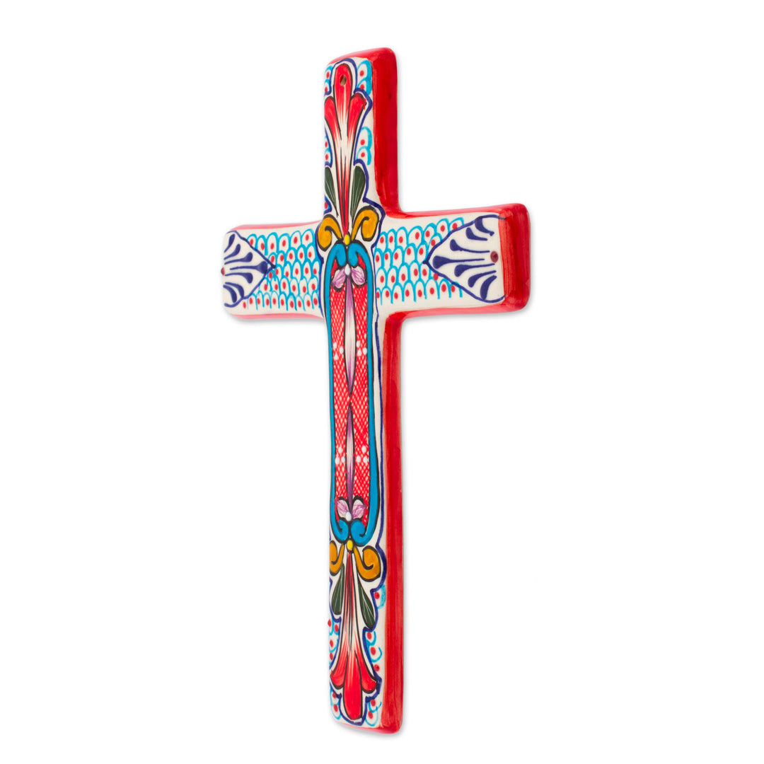 Ceramic Wall Cross with Multicolored Motifs from Mexico - Red Lily