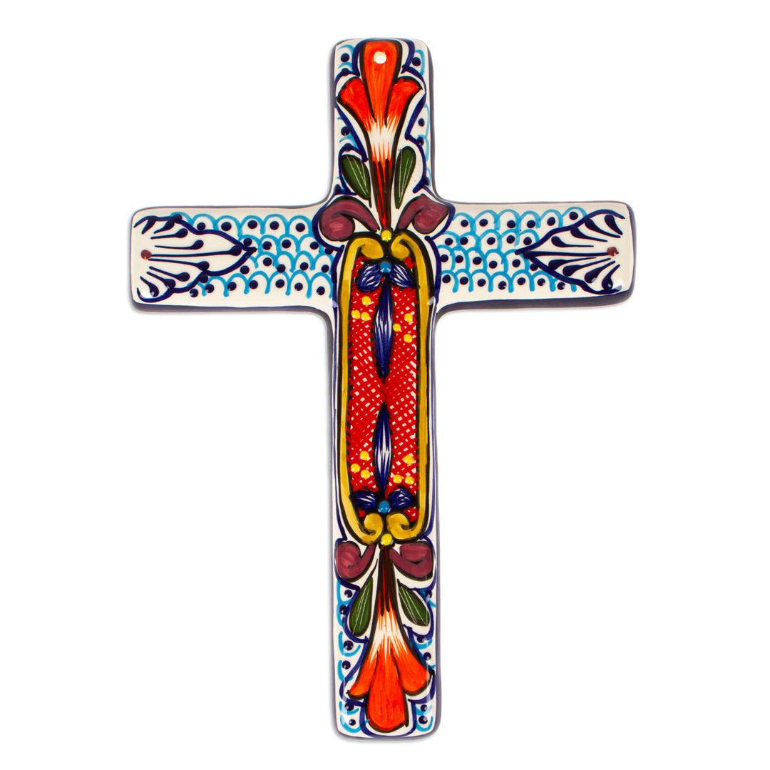 Hand Crafted Multicolored Ceramic Wall Cross From Mexico - Orange Lily
