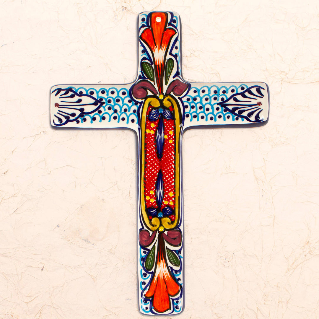 Hand Crafted Multicolored Ceramic Wall Cross From Mexico - Orange Lily
