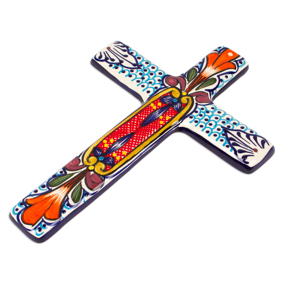 Hand Crafted Multicolored Ceramic Wall Cross From Mexico - Orange Lily