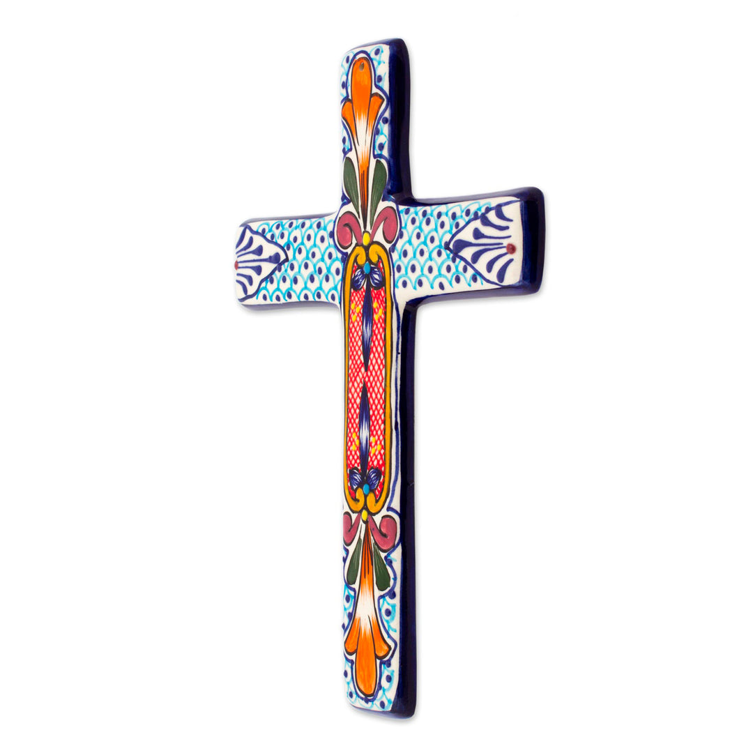 Hand Crafted Multicolored Ceramic Wall Cross From Mexico - Orange Lily