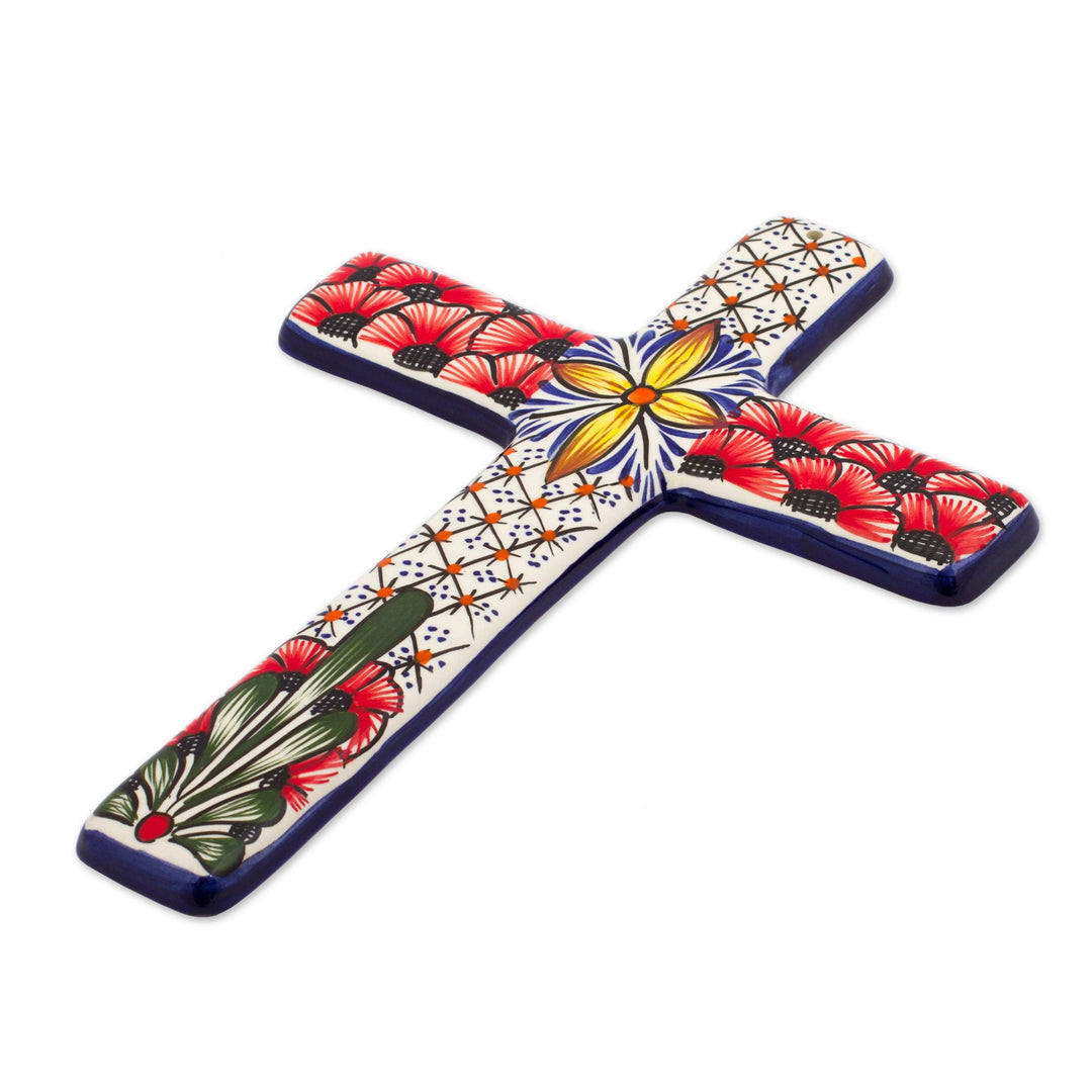 Multicolored Ceramic Mexican Wall Cross with Floral Motifs - Flower Field