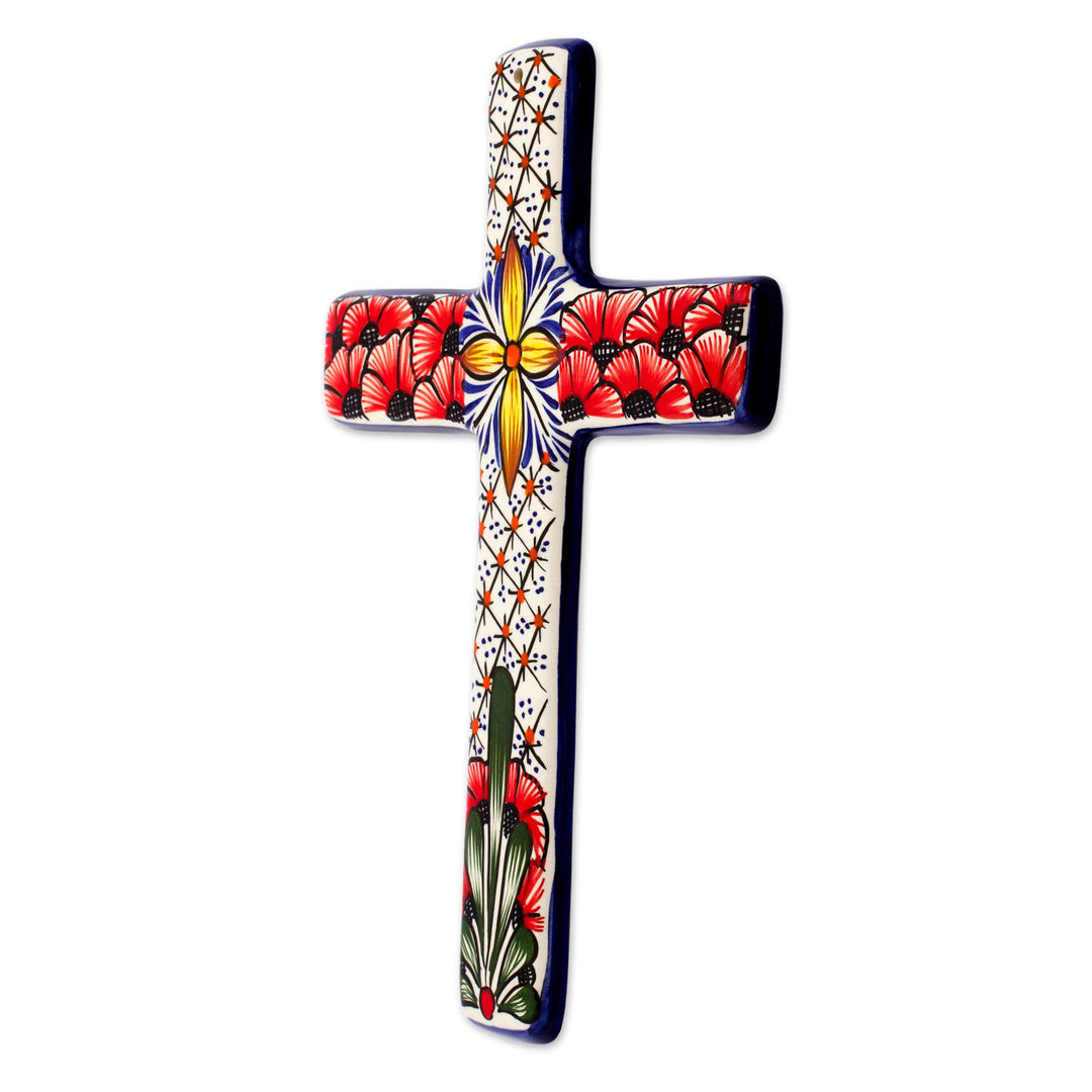 Multicolored Ceramic Mexican Wall Cross with Floral Motifs - Flower Field