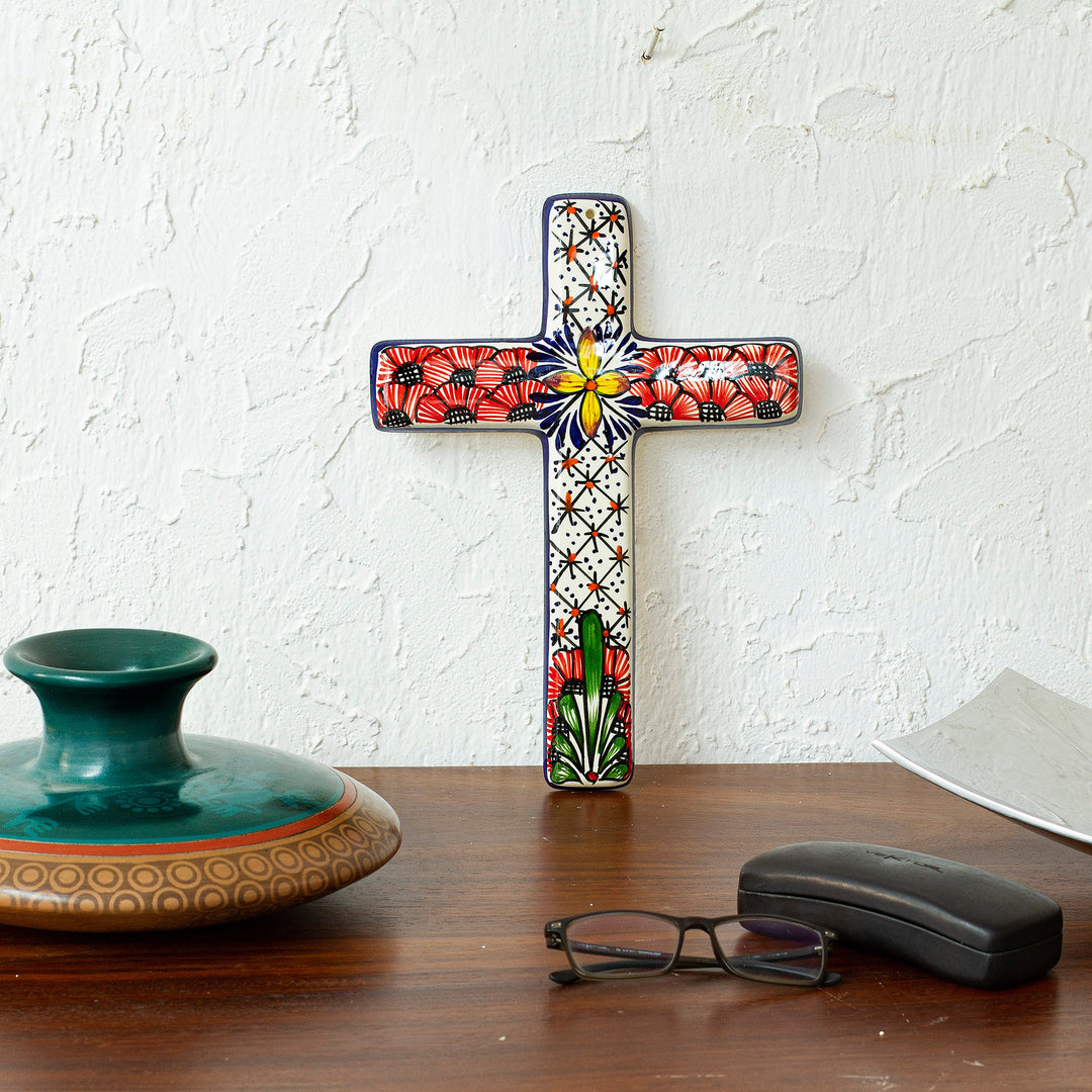 Multicolored Ceramic Mexican Wall Cross with Floral Motifs - Flower Field