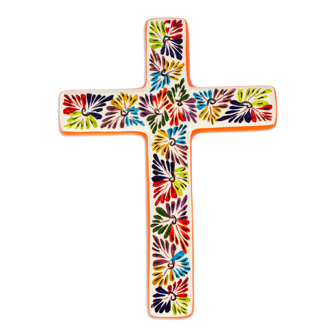 Artisan Crafted Multicolored Ceramic Wall Cross from Mexico - Spiritual Fireworks