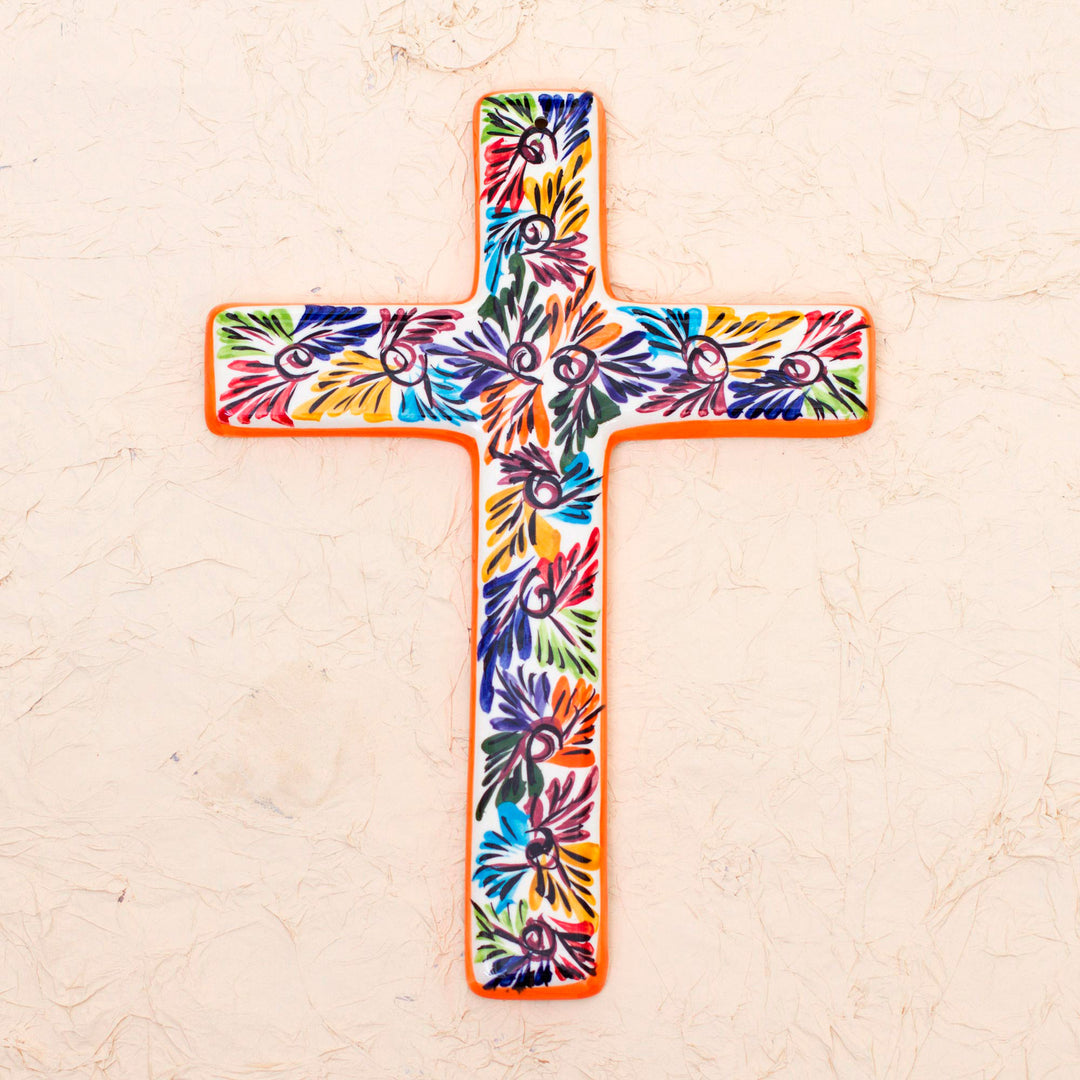 Artisan Crafted Multicolored Ceramic Wall Cross from Mexico - Spiritual Fireworks