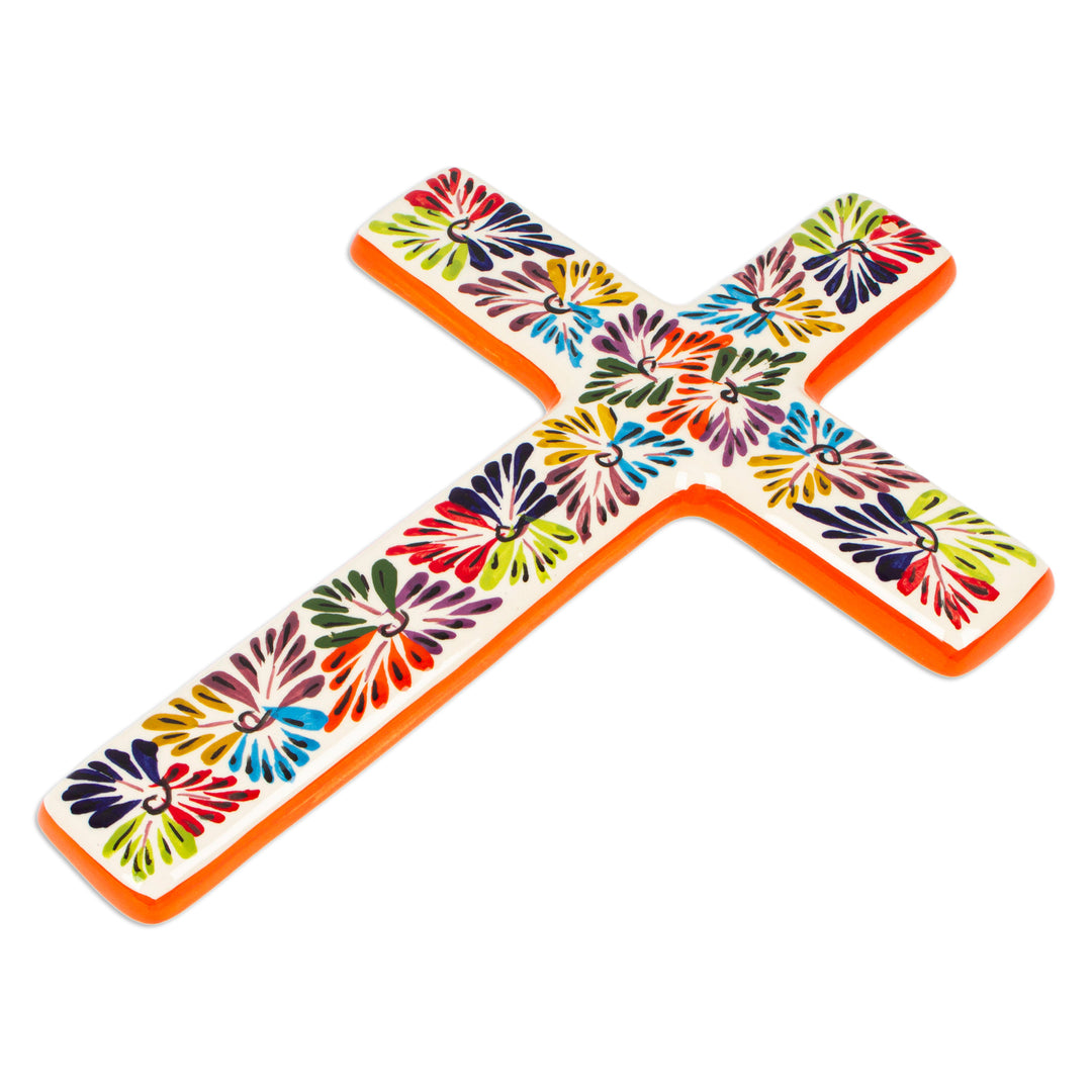 Artisan Crafted Multicolored Ceramic Wall Cross from Mexico - Spiritual Fireworks