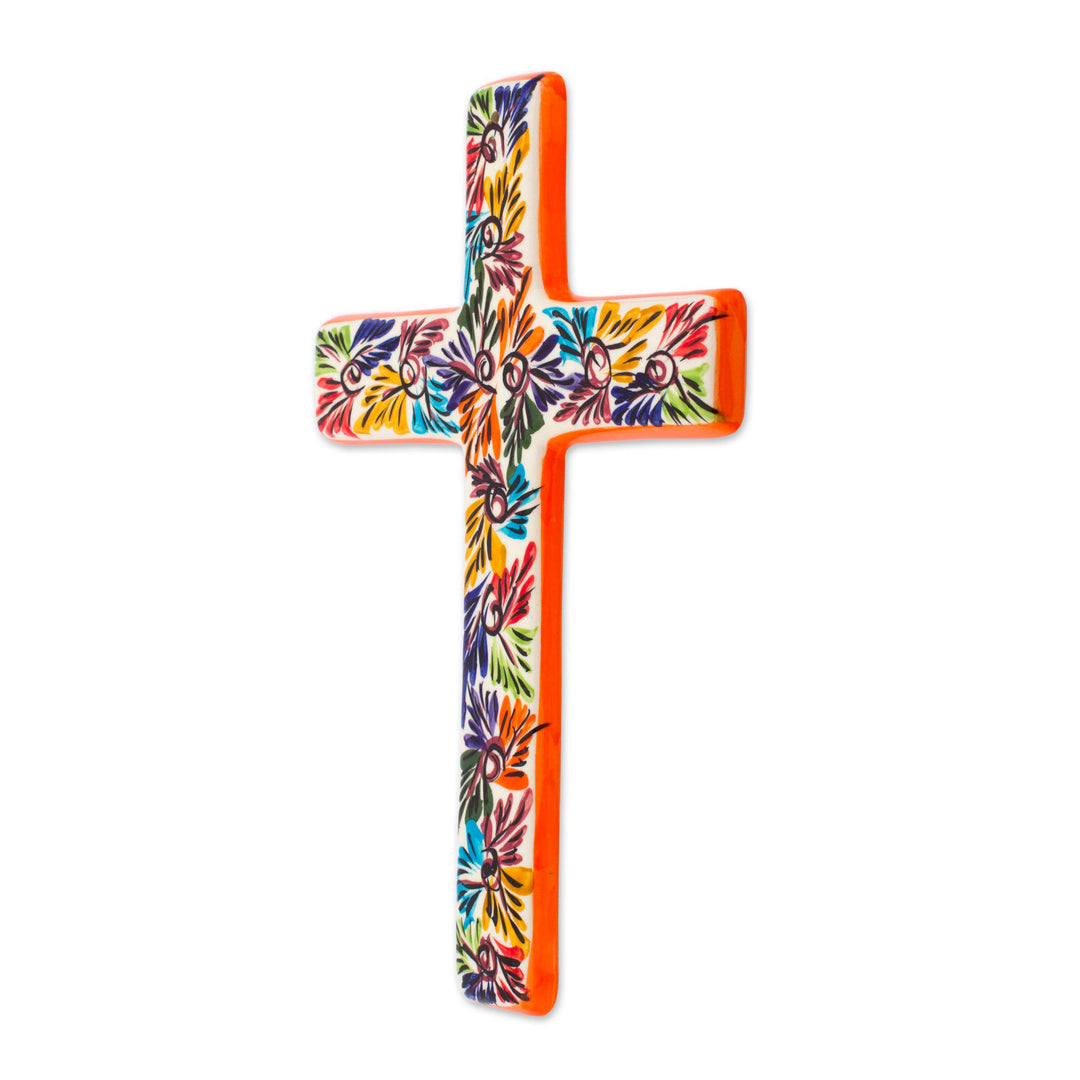 Artisan Crafted Multicolored Ceramic Wall Cross from Mexico - Spiritual Fireworks