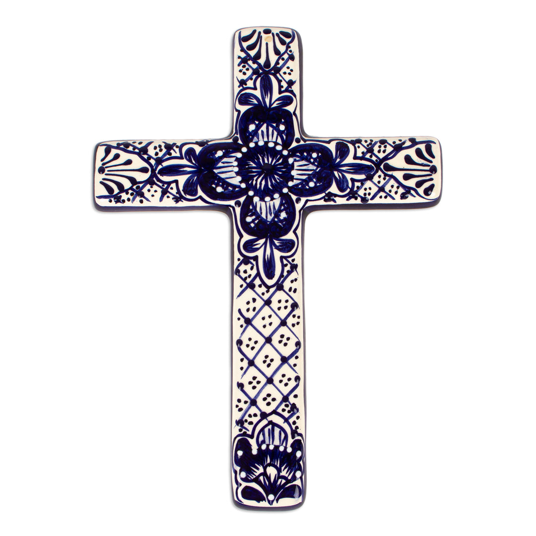 Hand Crafted Talavera Style Ceramic Wall Cross from Mexico - Talavera Flower